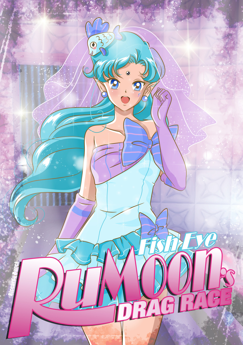 1boy :o absurdres bishoujo_senshi_sailor_moon bishoujo_senshi_sailor_moon_crystal blue_dress blue_eyes blue_hair character_name collarbone commentary crossdressinging dress earrings elbow_gloves english_commentary fish_eye_(sailor_moon) fish_hair_ornament forehead_jewel gloves hair_ornament highres jewelry long_hair pointy_ears purple_gloves riccardo_bacci solo strapless strapless_dress veil