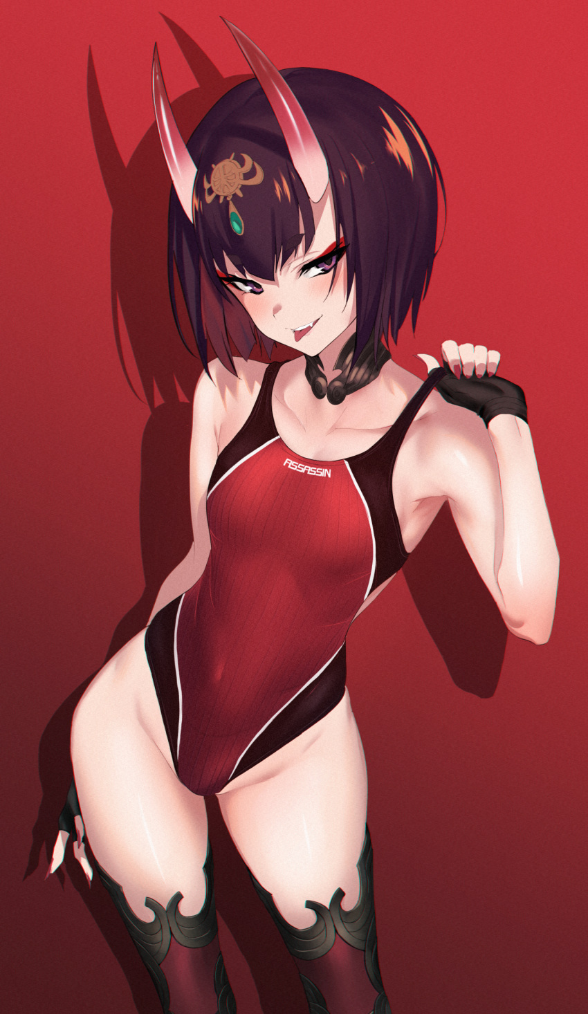 1girl bangs black_gloves black_legwear black_swimsuit blush bob_cut breasts collarbone commentary_request competition_swimsuit covered_navel detached_collar eyeliner fang fate/grand_order fate_(series) fingerless_gloves gloves gradient gradient_background headpiece highleg highleg_swimsuit highres hips looking_at_viewer makeup nail_polish one-piece_swimsuit oni_horns open_mouth pink_nails purple_hair red_background red_swimsuit shadow short_eyebrows short_hair shuten_douji_(fate/grand_order) small_breasts smile solo strap_pull swimsuit thighs tongue tongue_out two-tone_swimsuit ulrich_(tagaragakuin) violet_eyes waist
