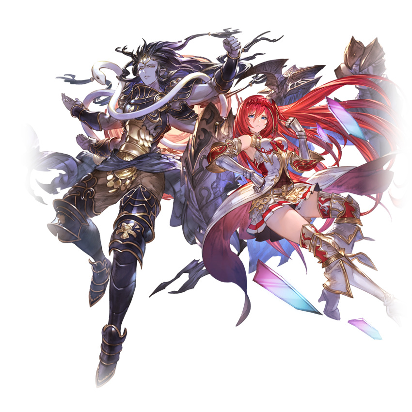 1boy 1girl armor black_eyes black_hair blue_eyes boots expressionless gloves godguard_brodia granblue_fantasy highres long_hair multiple_arms official_art purple_skin red_eyes redhead ribbon shiva_(granblue_fantasy) skirt snake