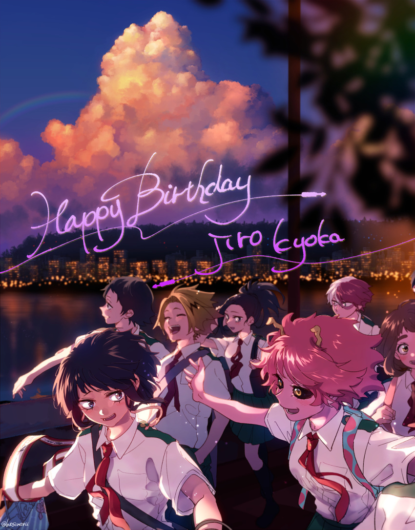 3boys 4girls ashido_mina backpack bag black_hair black_sclera blonde_hair boku_no_hero_academia character_name choker cityscape clouds earplugs happy_birthday highres horns hoshimori jirou_kyouka kaminari_denki multiple_boys multiple_girls necktie pink_skin randoseru red_neckwear school_uniform sero_hanta short_hair todoroki_shouto twitter_username u.a._school_uniform uraraka_ochako yellow_eyes