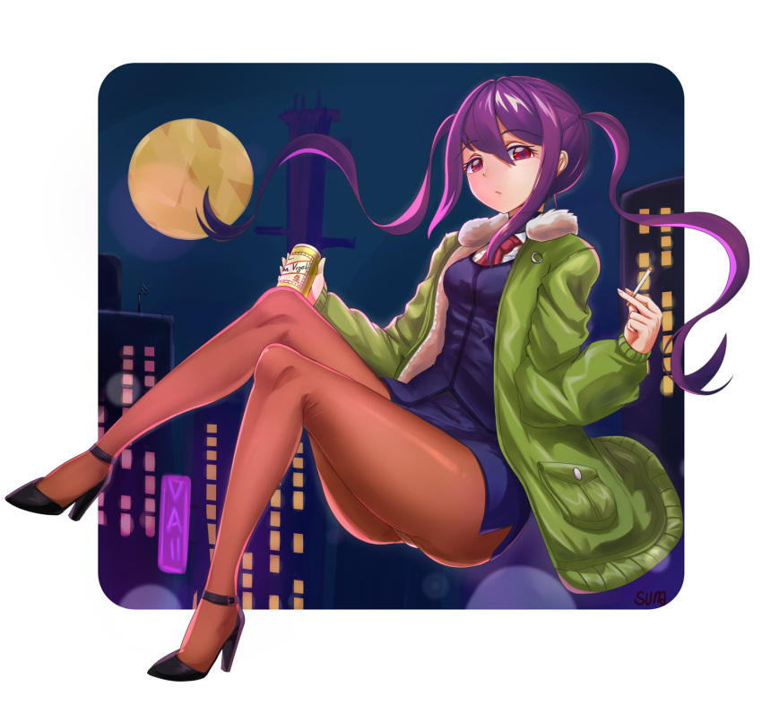 1girl :/ artist_name black_footwear breasts building can cigarette closed_mouth coat eyebrows_visible_through_hair floating_hair full_moon green_coat hair_between_eyes high_heels highres julianne_stingray long_hair long_sleeves moon open_clothes open_coat pantyhose pencil_skirt pink_eyes purple_hair red_neckwear skirt small_breasts smoke solo sumtj twintails va-11_hall-a very_long_hair