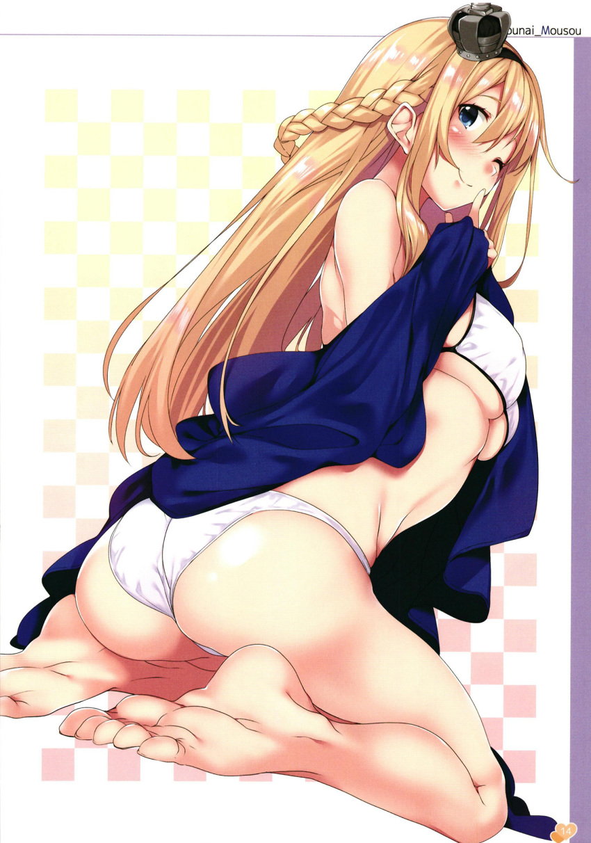 1girl ;) ass bare_legs barefoot bikini blonde_hair blush braid breasts crown from_side gintarou_(kurousagi108) hair_between_eyes hairband highres kantai_collection long_hair medium_breasts mini_crown one_eye_closed scan side_braid sidelocks sitting smile solo swimsuit under_boob wariza warspite_(kantai_collection) white_bikini