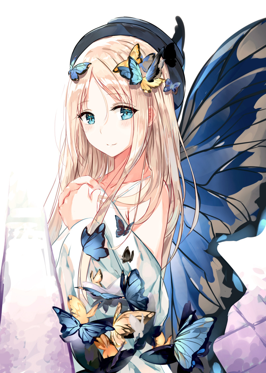 1girl abigail_williams_(fate/grand_order) absurdres bangs bare_shoulders black_hat blonde_hair blue_eyes blue_wings blush butterfly_hair_ornament butterfly_wings closed_mouth commentary_request dress eyebrows_visible_through_hair fallen_heaven fate/grand_order fate_(series) hair_between_eyes hair_ornament hands_up hat highres long_hair long_sleeves off-shoulder_dress off_shoulder parted_bangs simple_background smile solo very_long_hair white_background white_dress wide_sleeves wings