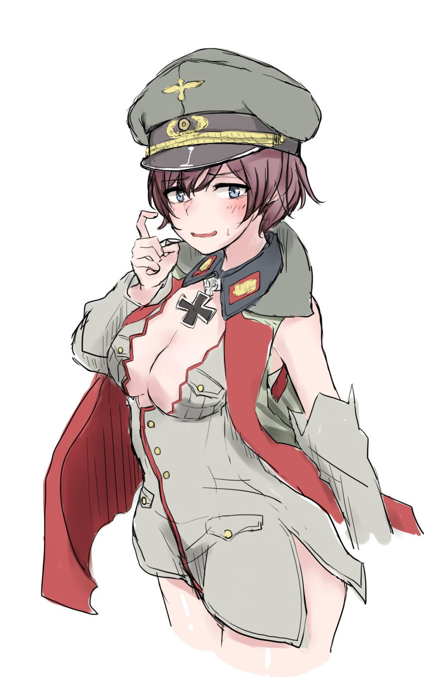 1girl bangs baskeyfield_(milihime_taisen) blue_eyes breasts brown_hair brown_hat cape cleavage cleavage_cutout commentary cowboy_shot cropped_arms cropped_legs detached_sleeves eyebrows_visible_through_hair hat highres iron_cross looking_at_viewer medium_breasts milihime_taisen military military_hat military_uniform no_pants open_mouth peaked_cap red_cape shichisaburo short_hair simple_background sketch smile solo standing sweatdrop uniform white_background