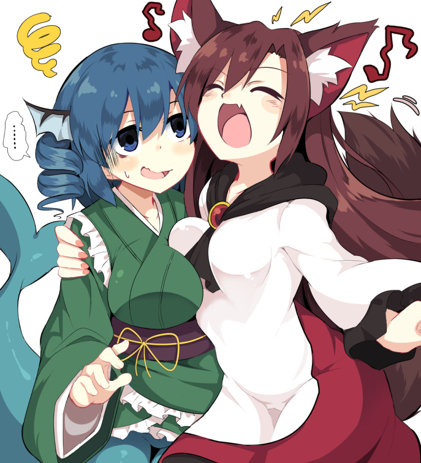 ... 2girls :d :o ^_^ animal_ear_fluff bangs blue_eyes blue_hair blush breasts brooch brown_hair closed_eyes closed_eyes collarbone commentary_request cowboy_shot dress drill_hair eighth_note eyebrows_visible_through_hair fang frilled_kimono frills green_kimono hair_between_eyes head_fins highres imaizumi_kagerou japanese_clothes jewelry kimono large_breasts lolimate long_hair long_sleeves looking_at_another medium_breasts mermaid monster_girl multicolored multicolored_clothes multicolored_dress multiple_girls musical_note nail_polish obi open_mouth pink_nails purple_sash red_dress sash short_hair simple_background smile spoken_ellipsis squiggle touhou wakasagihime wavy_mouth white_background white_dress wide_sleeves