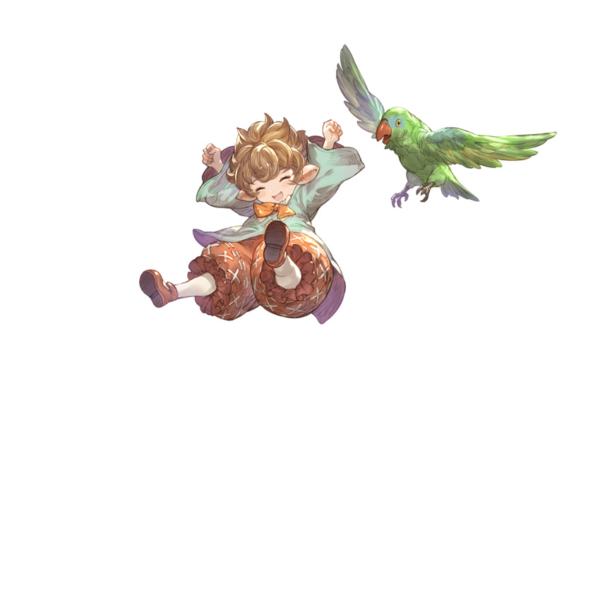 1girl bird brown_hair closed_eyes granblue_fantasy green_shirt harvin highres jumping official_art pants parrot pointy_ears puffy_pants ribbon shirt short_hair sierokarte