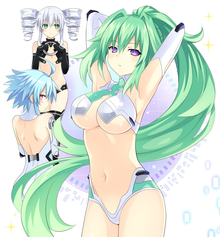 3girls ahoge armpits arms_behind_head bare_shoulders black_sister blue_hair breasts cleavage drill_hair elbow_gloves gloves green_eyes green_hair green_heart grey_hair highres large_breasts long_hair looking_at_viewer looking_back multiple_girls navel neptune_(series) ponytail power_symbol red_eyes short_hair short_hair_with_long_locks smile symbol-shaped_pupils twin_drills violet_eyes white_heart zero_(ray_0805)