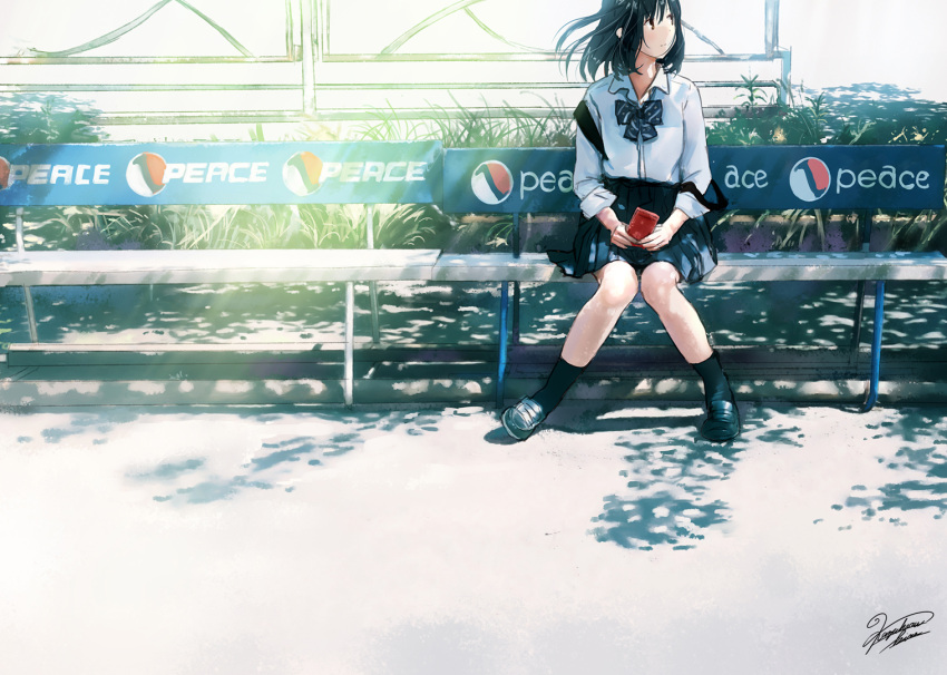 1girl backpack bag bench black_eyes black_hair bow bowtie cellphone commentary dappled_sunlight grass kazuharu_kina knees_together_feet_apart light_smile looking_to_the_side mary_janes original phone railing school_uniform shoes short_hair signature sitting smartphone solo sunlight uniform wind