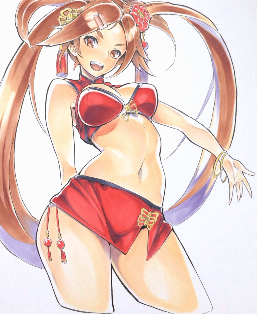 1girl absurdres arched_back arm_behind_back bracelet breasts brown_eyes brown_hair chinese_clothes cleavage_cutout commentary cowboy_shot crop_top cropped_legs flower guilty_gear hair_flower hair_ornament hair_ring highres jewelry kuma_(jk0073) kuradoberi_jam long_hair looking_at_viewer medium_breasts microskirt navel open_mouth red_shirt red_skirt shirt simple_background skirt sleeveless sleeveless_shirt smile solo standing twintails v-shaped_eyebrows very_long_hair white_background
