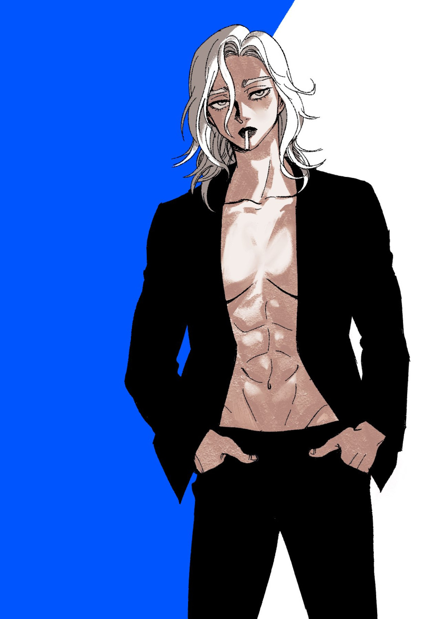 1girl abs bare_chest blue_background cigarette coat commentary covering covering_breasts eyebrows gyeoggi_3_ban hands_in_pockets highres korean_commentary lipstick makeup maria_dacascos muscle muscular_female pipi(egooegoo000) shirtless silver_hair white_background