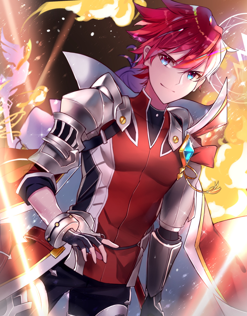 1boy 1girl aether_sage_(elsword) aisha_(elsword) back-to-back bracelet cloak elsword elsword_(character) eyebrows_visible_through_hair fingerless_gloves fire gem gloves gradient_eyes highres jewelry knight_emperor_(elsword) lium multicolored multicolored_eyes redhead shoulder_armor smile