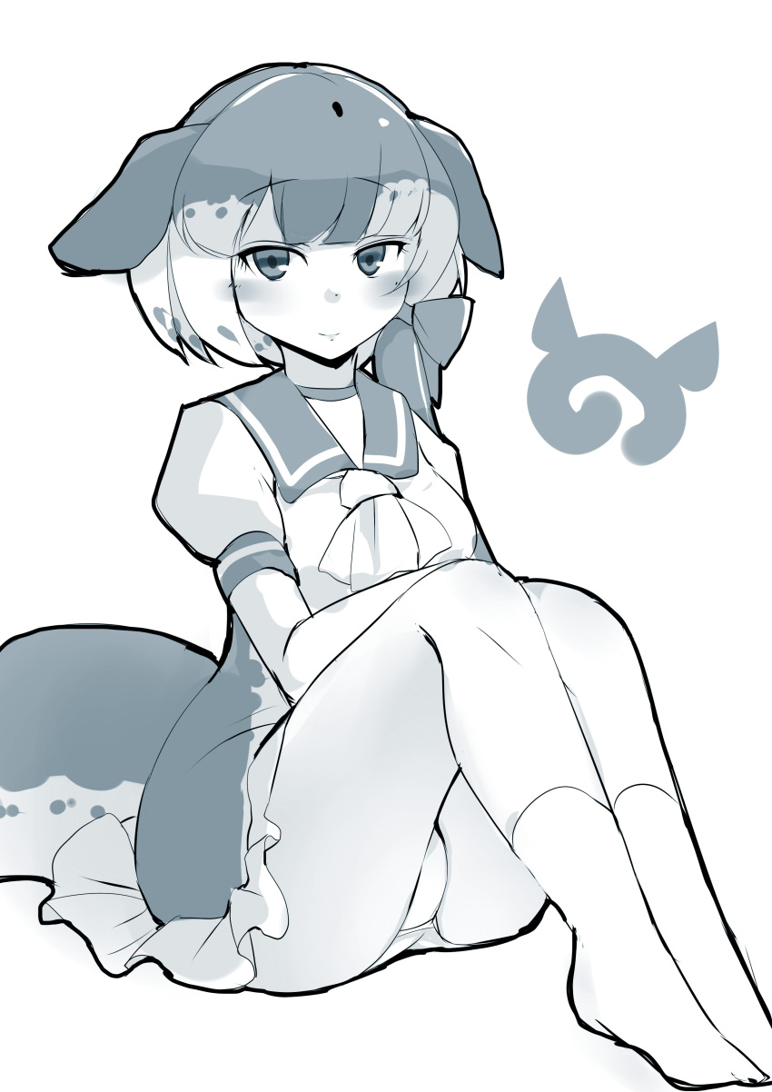 1girl absurdres ascot bow dress eyebrows_visible_through_hair frilled_dress frills greyscale hair_bow highres japari_symbol kanzakietc kemono_friends looking_at_viewer monochrome multicolored_hair narwhal_(kemono_friends) narwhal_tail panties puffy_short_sleeves puffy_sleeves sailor_dress short_dress short_hair_with_long_locks short_sleeves simple_background sitting smile solo tail underwear white_background