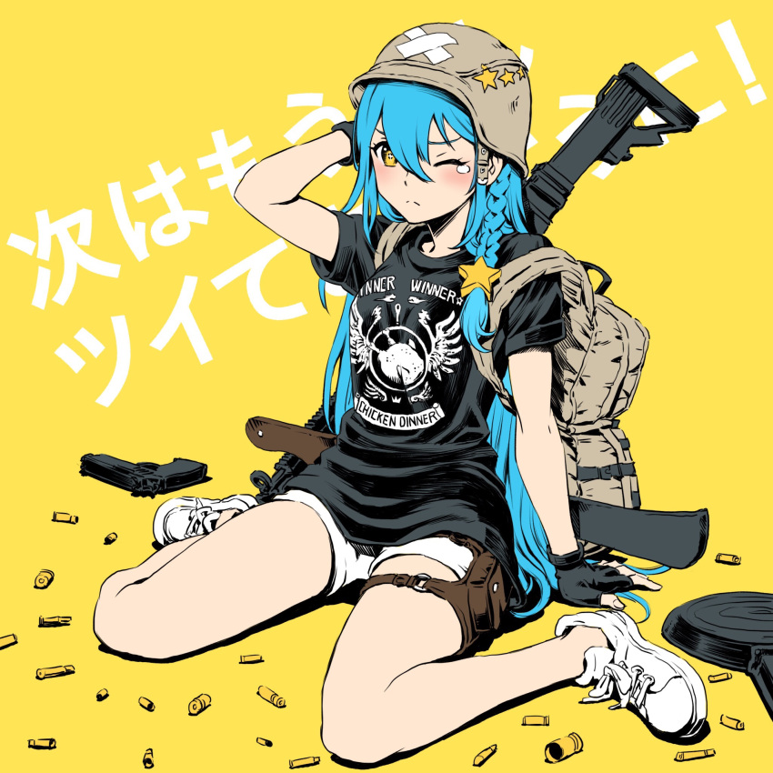 1girl ;( arm_at_side arm_up background_text backpack bag black_gloves black_shirt braid brown_eyes character_request clothes_writing commentary_request copyright_request crossed_bandaids frying_pan full_body gloves gun hair_between_eyes hair_ornament handgun helmet highres long_hair looking_at_viewer no_socks pistol playerunknown's_battlegrounds pouch shell_casing shirt short_shorts short_sleeves shorts side_braid sitting solo star star_hair_ornament star_print straight_hair symbol-shaped_pupils teardrop thigh_pouch translation_request ume_(yume_uta_da) v-shaped_eyebrows very_long_hair virtual_youtuber wariza weapon weapon_on_back weapon_request white_footwear white_shorts yellow_background