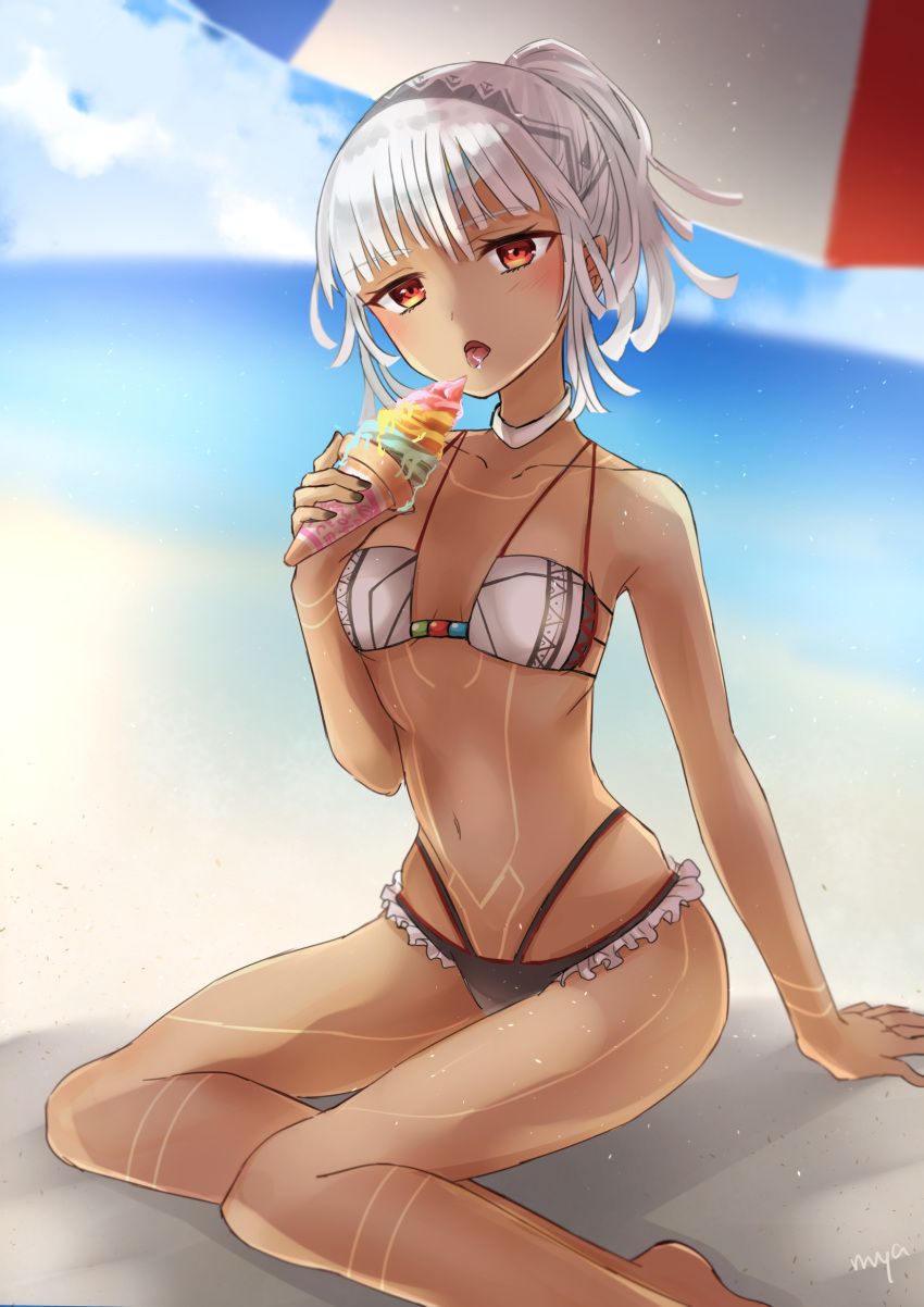 1girl altera_(fate) bangs bare_arms bare_legs bare_shoulders beach beach_umbrella bikini black_bikini_bottom black_nails blue_sky blunt_bangs breasts choker cleavage clouds collarbone commentary_request dark_skin day eyebrows_visible_through_hair fate/grand_order fate_(series) feet_out_of_frame fingernails food full_body_tattoo headdress highres hiyoko_biimu holding holding_food ice_cream ice_cream_cone legs looking_at_viewer midriff nail_polish navel ocean open_mouth red_eyes sand short_hair sitting sky small_breasts solo stomach swimsuit tan tattoo thighs tied_hair tongue tongue_out umbrella veil white_hair