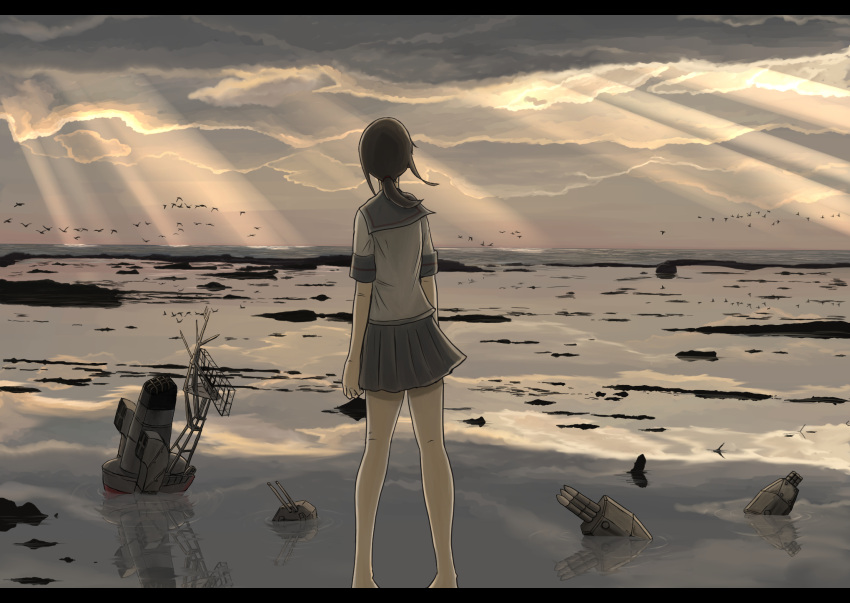 1girl bird black_hair clouds day facing_away fubuki_(kantai_collection) highres horizon kaisoku_hirosuko kantai_collection light_rays long_hair low_ponytail outdoors ponytail reflection ripples sailor_collar scenery short_ponytail skirt sky solo sunbeam sunlight water