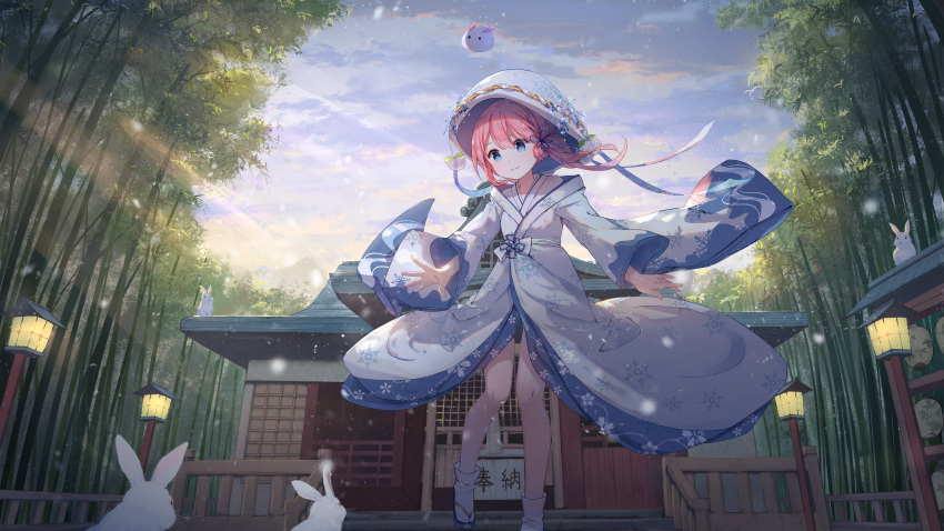 1girl absurdres bamboo bamboo_forest blue_eyes blush chinese closed_mouth day forest highres japanese_clothes kimono lantern looking_away medium_hair nature original outdoors pink_hair rabbit sandals scenery sign smile socks solo standing translation_request white_legwear yue_yue yuki_onna