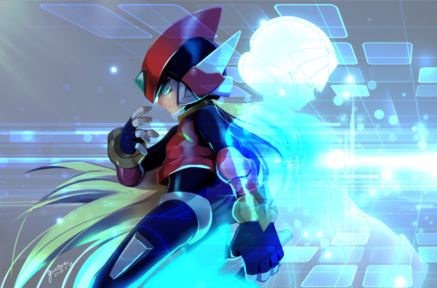 1boy androgynous android bishounen blonde_hair blue_eyes capcom closed_eyes energy_blade energy_sword guutara helmet highres holding holding_weapon long_hair male_focus rockman rockman_zero solo sword weapon x_(rockman) zero_(rockman)