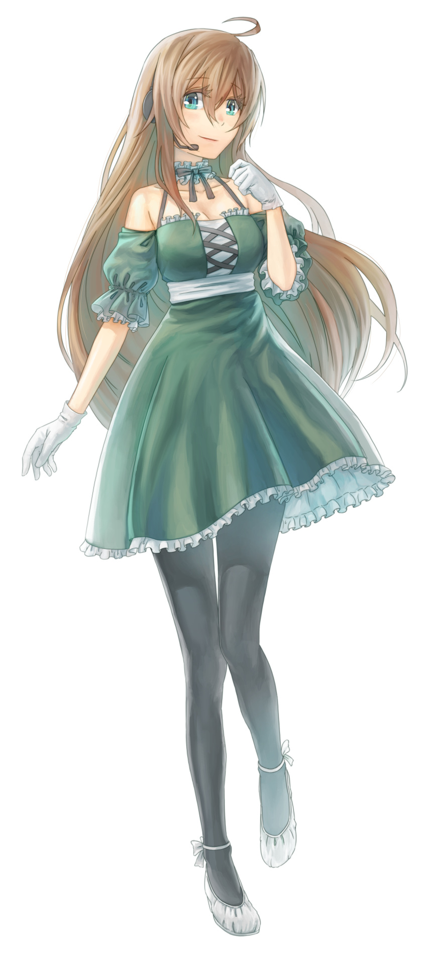 1girl 633b absurdres ahoge ballet_slippers bare_shoulders black_bow black_legwear bow breasts brown_hair cleavage dress frilled_dress frills full_body gloves green_dress green_eyes hair_between_eyes hand_up headset highres light_smile long_hair pantyhose solo standing utau white_background white_gloves