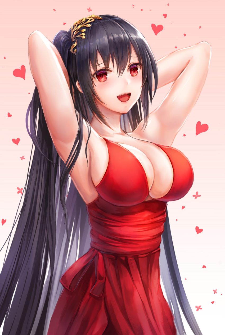 1girl :d armpits arms_up azur_lane bangs black_hair blush breasts brown_background cleavage commentary_request dress eyebrows_visible_through_hair gradient gradient_background hair_between_eyes hair_ornament head_tilt heart highres large_breasts long_hair looking_at_viewer lunacle one_side_up open_mouth red_dress red_eyes sleeves_past_wrists smile solo taihou_(azur_lane) very_long_hair white_background