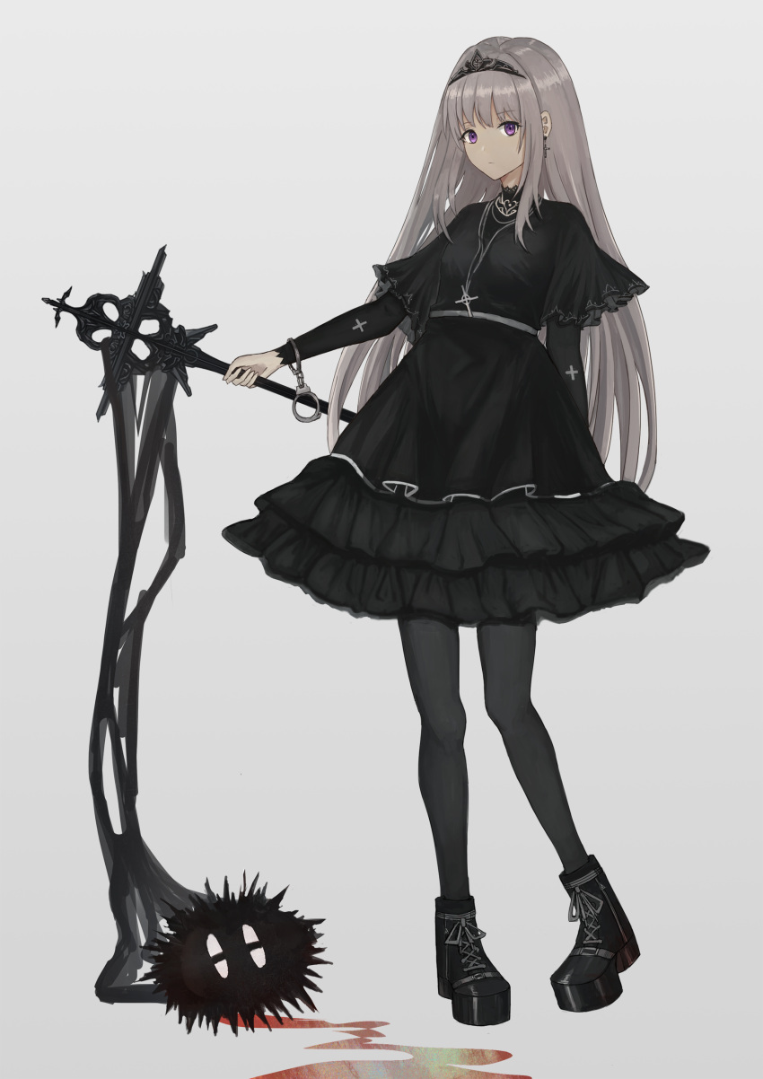 1girl absurdres aer7o bangs black_dress black_footwear black_legwear blood boots breasts closed_mouth cross cross-laced_footwear cross_earrings cuffs dress earrings eyebrows_visible_through_hair gen_3_pokemon grey_background grey_hair handcuffs highres holding jewelry lace-up_boots latios long_hair long_sleeves looking_at_viewer original pantyhose pendant short_over_long_sleeves short_sleeves simple_background small_breasts solo standing standing_on_one_leg tiara very_long_hair violet_eyes wide_sleeves