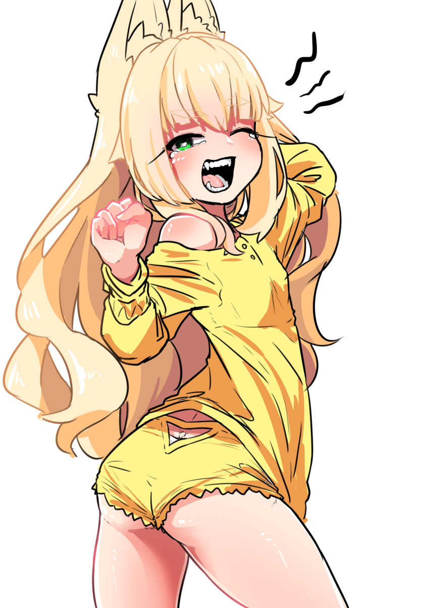 1girl animal_ear_fluff animal_ears arms_up ass clenched_hand fangs fox_ears from_behind highres long_hair long_sleeves looking_at_viewer looking_back nightgown no_tail open_mouth original panties romy simple_background sketch sleepwear stretch underwear yawning yellow_panties