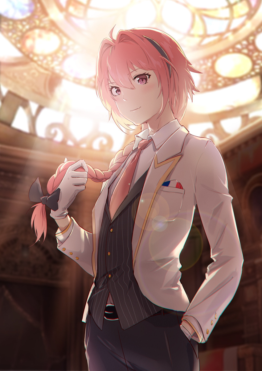 1boy alternate_costume astolfo_(fate) belt belt_buckle black_bow black_pants black_ribbon black_shirt blush bow braid buckle commentary_request fang fate/apocrypha fate_(series) formal french_flag gloves hair_intakes hair_ribbon hand_in_hair hand_in_pocket highres holding jacket long_braid looking_at_viewer male_focus necktie open_clothes open_jacket pants pink_eyes pink_hair pink_neckwear ribbon shirt single_braid smile solo striped striped_shirt suit suit_jacket trap umumu white_gloves