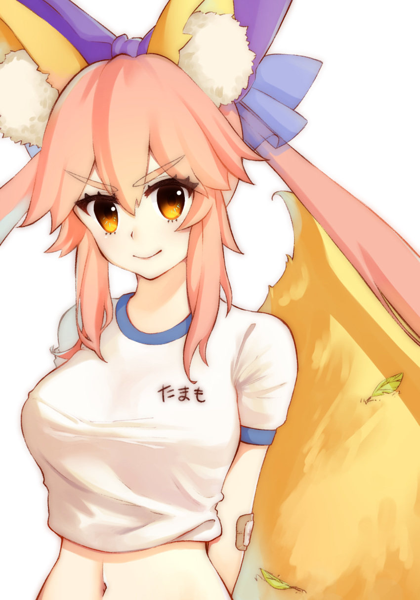 1girl animal_ear_fluff animal_ears blue_ribbon breasts closed_mouth eyebrows_visible_through_hair fate/grand_order fate_(series) fox_ears fox_tail gym_shirt gym_uniform hair_ribbon highres large_breasts looking_at_viewer name_tag navel pink_hair ribbon shirt simple_background solo tail tamamo_(fate)_(all) tamamo_no_mae_(fate) white_background white_shirt yellow_eyes