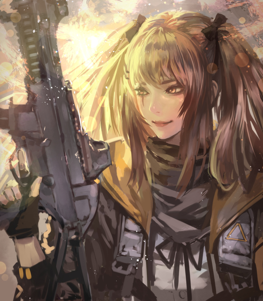 1girl black_jacket black_ribbon brown_hair closed_mouth commentary_request fingerless_gloves girls_frontline gloves gun highres holding holding_gun holding_weapon hood hooded_jacket jacket kaburagi_yasutaka red_lips ribbon rifle scar scar_across_eye scarf smile twintails ump9_(girls_frontline) weapon