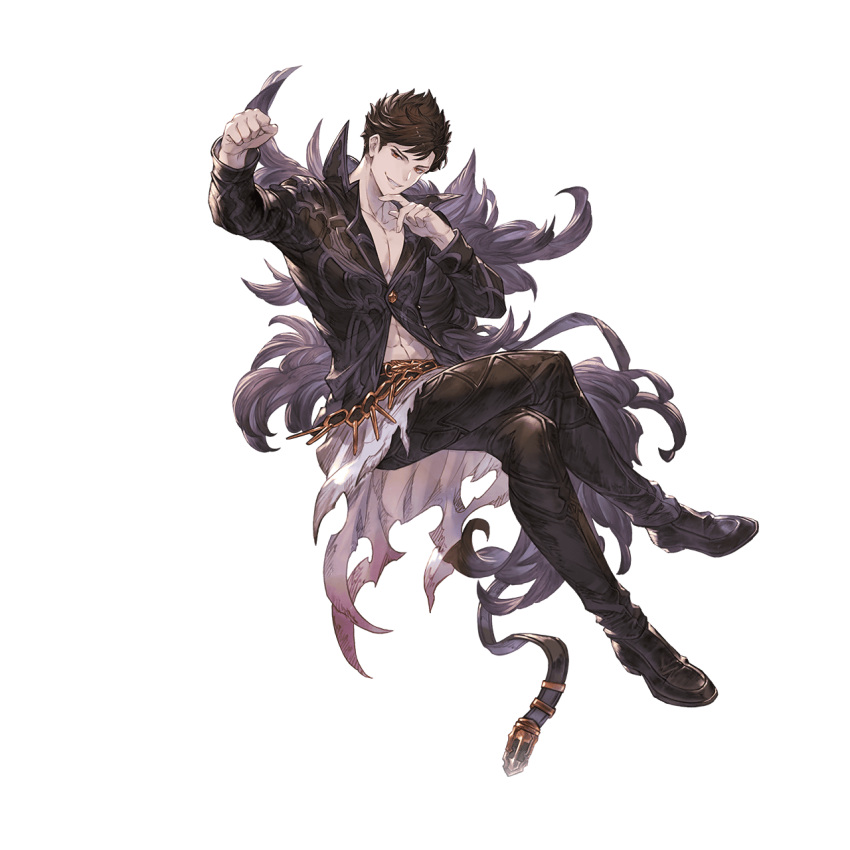 1boy belial_(granblue_fantasy) black_pants black_shirt brown_eyes brown_hair feather_boa granblue_fantasy grin hand_on_own_chin highres legs_crossed official_art pants shirt short_hair smile