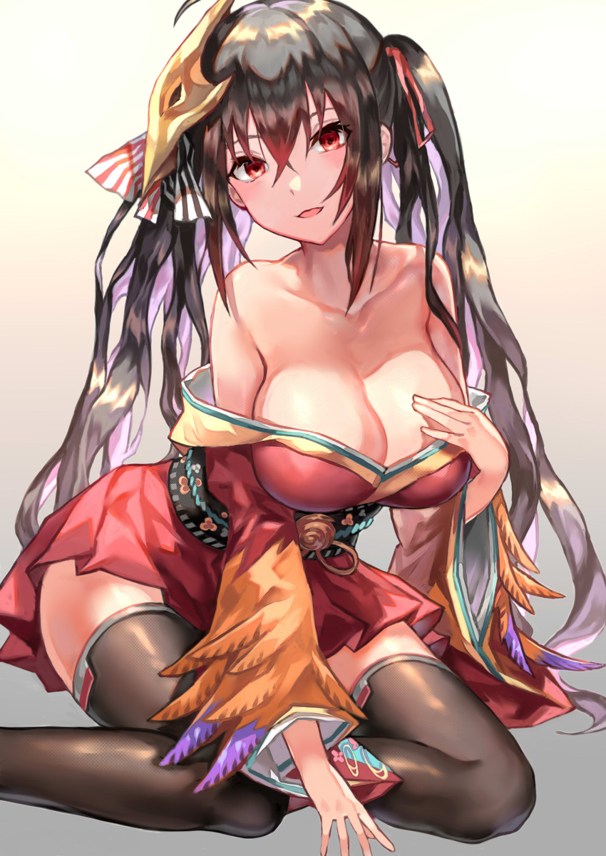 1girl absurdres ahoge azur_lane bangs bare_shoulders black_hair black_legwear blush breasts cleavage collarbone commentary denchu_(kazudentyu) dress eyelashes feather-trimmed_sleeves feather_trim feathers feet_out_of_frame gradient gradient_background grey_background hair_between_eyes hair_ornament hair_ribbon hand_on_own_chest head_tilt highres japanese_clothes kimono large_breasts long_hair long_sleeves looking_at_viewer mask mask_on_head obi off_shoulder parted_lips red_eyes red_kimono red_ribbon ribbon sash shiny shiny_hair shiny_skin sidelocks simple_background sitting smile solo taihou_(azur_lane) thigh-highs tied_hair tsurime twintails very_long_hair wide_sleeves yokozuwari zettai_ryouiki