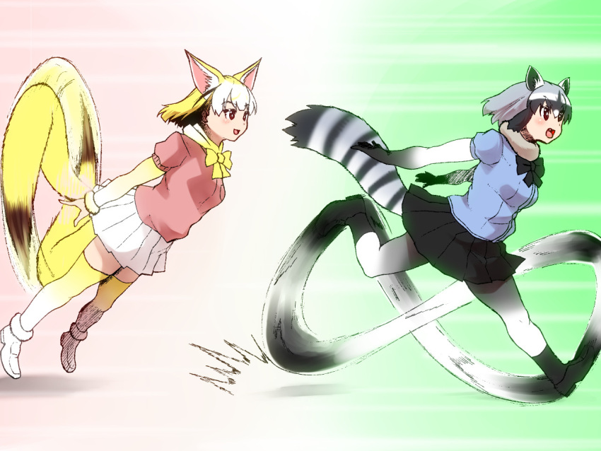 2girls animal_ears black_skirt bow brown_eyes commentary_request common_raccoon_(kemono_friends) extra_ears eyebrows_visible_through_hair fang fennec_(kemono_friends) flying fox_ears fox_tail fur_collar hair_between_eyes isuna kemono_friends motion_blur multiple_girls open_mouth pink_sweater raccoon_ears raccoon_tail running short_hair skirt sonic_the_hedgehog striped_tail sweater tail thigh-highs white_skirt yellow_legwear yellow_neckwear