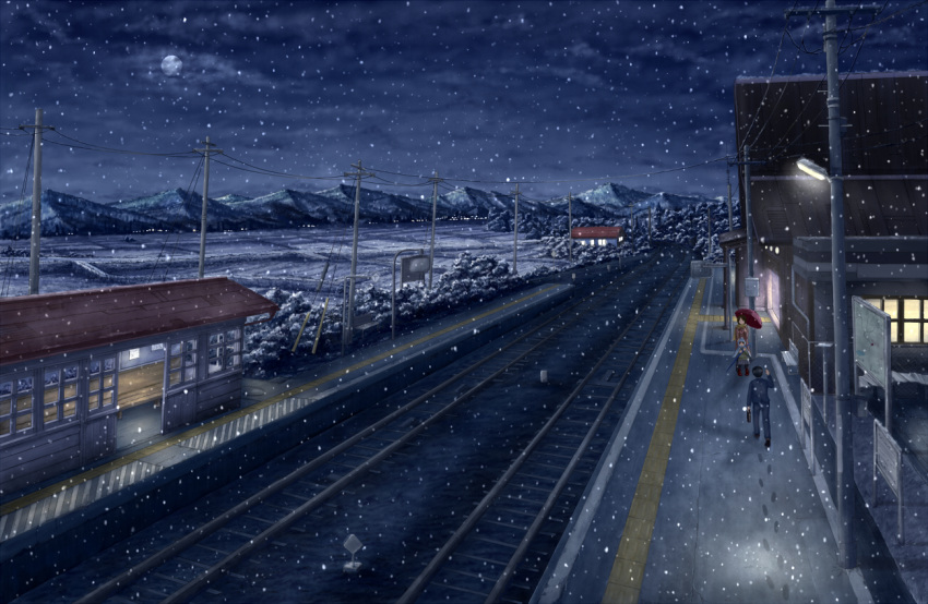 1boy 2girls footprints moon multiple_girls night night_sky original outdoors pei_(sumurai) power_lines railroad_tracks scenery sky snowing standing train_station