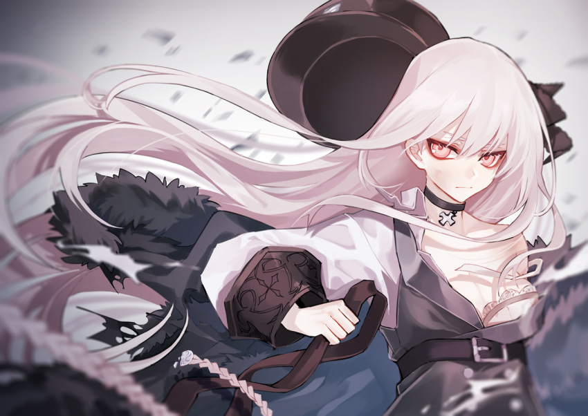 1girl aiguillette bare_shoulders belt breasts choker commentary_request cross cross_necklace eyebrows fur_collar girls_frontline hair_between_eyes hat hat_removed headwear_removed holding iron_cross jacket jacket_removed jewelry kar98k_(girls_frontline) long_hair necklace peaked_cap puririririn red_eyes shaded_face solo very_long_hair white_hair