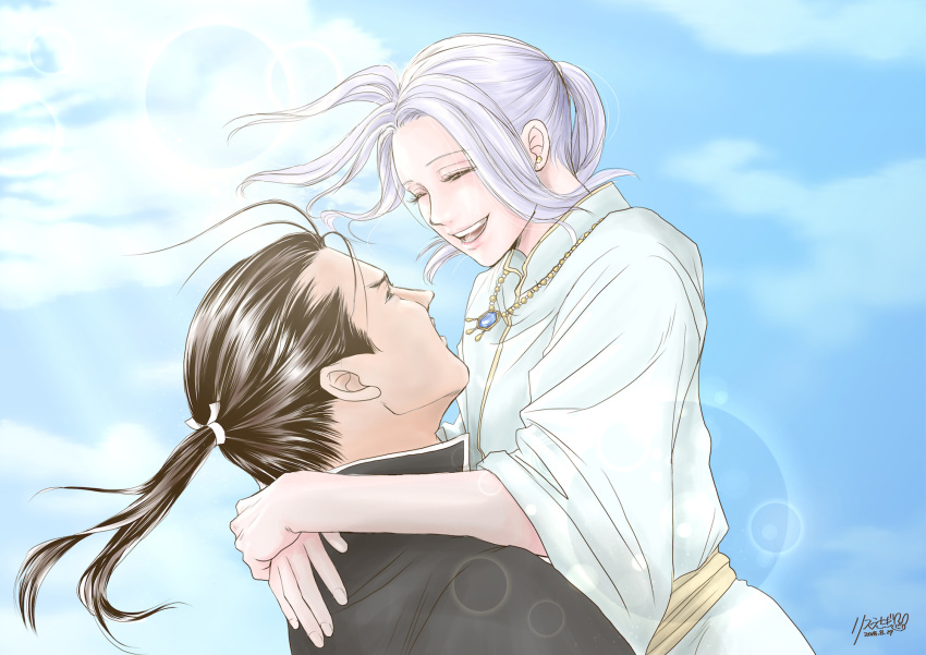 :d arslan arslan_senki blue_sky brown_hair closed_eyes clouds daryoon dated day earrings gem glint highres hug jewelry lifting_person looking_at_another necklace open_mouth outdoors ponytail profile risuusagi2 sky smile stud_earrings upper_body white_hair yaoi