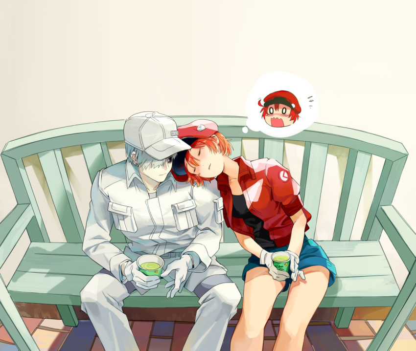 0_0 1boy 1girl ahoge bench blush cabbie_hat closed_eyes couple cup embarrassed flat_cap gloves hair_over_one_eye hat hataraku_saibou head_on_another's_shoulder jacket long_sleeves o_o pants red_blood_cell_(hataraku_saibou) redhead short_hair shorts sitting sleeping thought_bubble uniform wavy_mouth white_blood_cell_(hataraku_saibou) white_hair white_skin