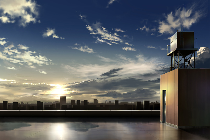 cityscape clouds door doorway no_humans original outdoors pei_(sumurai) rooftop scenery sky sunrise