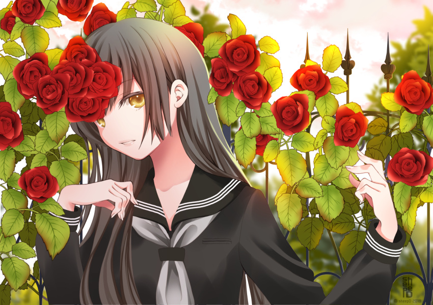 1girl 2018 artist_name bangs black_sailor_collar black_shirt brown_eyes brown_hair collarbone commentary english_commentary eyebrows_visible_through_hair fence fingernails flower grey_neckwear hair_between_eyes hands_up head_tilt long_hair long_sleeves neckerchief original parted_lips red_flower red_rose rose sailor_collar school_uniform serafuku sheepd shirt solo twitter_username
