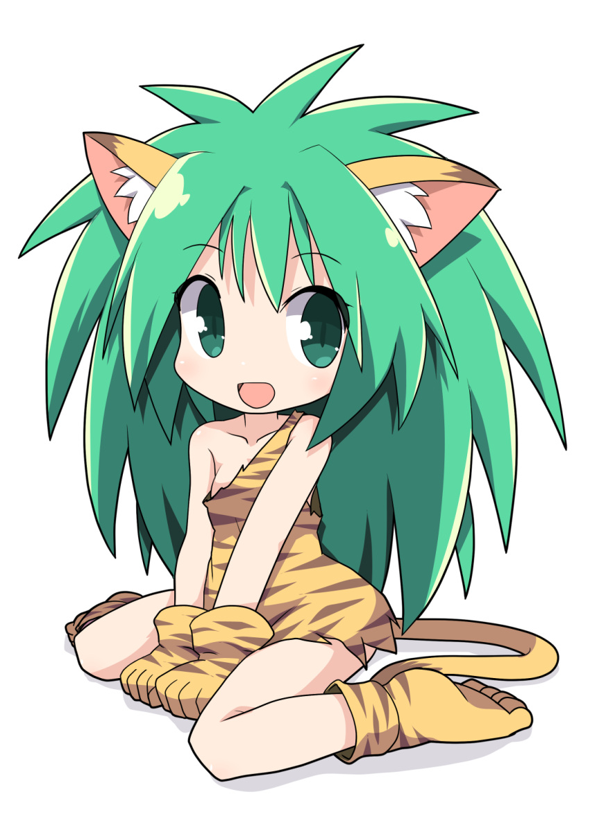 1girl :d animal_ear_fluff animal_ears animal_hands animal_print bare_shoulders cham_cham commentary_request gloves green_eyes green_hair highres osaragi_mitama paw_gloves paw_shoes print_gloves samurai_spirits single_strap smile solo tail tiger_ears tiger_girl tiger_print tiger_tail yellow_gloves