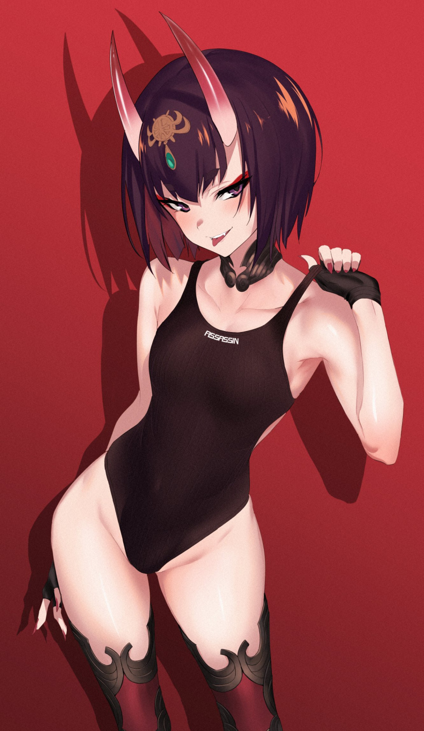 1girl bangs black_gloves black_legwear black_swimsuit blush bob_cut breasts collarbone covered_navel detached_collar eyeliner fang fate/grand_order fate_(series) fingerless_gloves gloves gradient gradient_background headpiece highleg highleg_swimsuit highres hips looking_at_viewer makeup nail_polish oni_horns open_mouth pink_nails purple_hair red_background shadow short_eyebrows short_hair shuten_douji_(fate/grand_order) small_breasts smile solo strap_pull swimsuit thighs tongue tongue_out ulrich_(tagaragakuin) violet_eyes waist