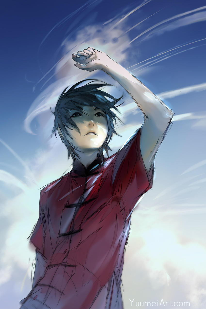 1boy arm_up black_hair blue_sky chinese_clothes clouds day highres knite male_focus short_hair sketch sky solo speedpaint wenqing_yan wind