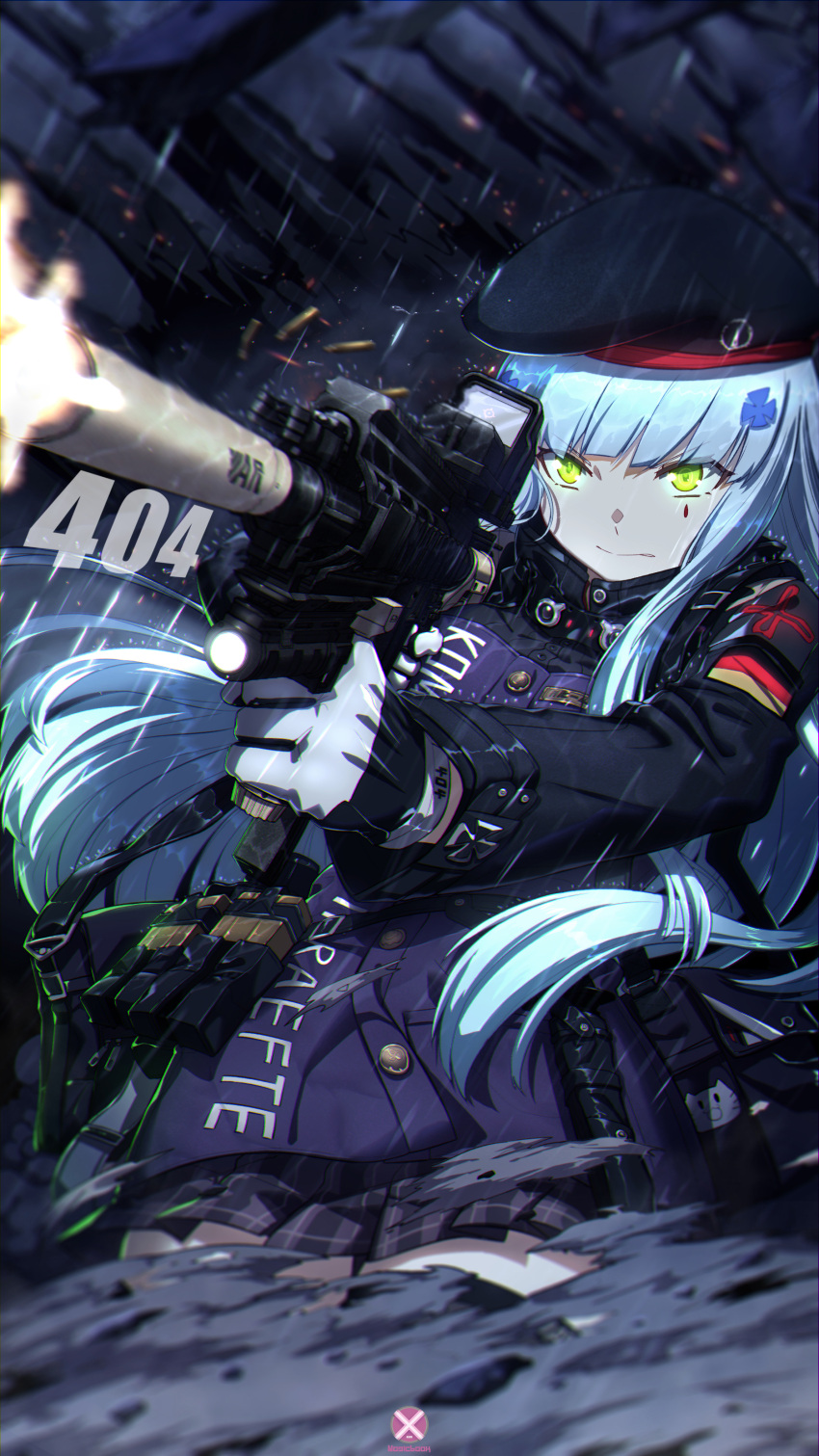 1girl absurdres action ammunition_pouch artist_name assault_rifle bangs beret black_legwear blunt_bangs breasts clenched_teeth closed_mouth clothes_writing eyebrows_visible_through_hair facial_mark firing german_flag girls_frontline gloves green_eyes gun hair_ornament hat heckler_&amp;_koch highres hk416 hk416_(girls_frontline) holding holding_gun holding_weapon jacket light long_hair looking_at_viewer magazine_(weapon) mahousho medium_breasts muzzle_flash plaid plaid_skirt pouch rain rifle shell_casing silver_hair skirt solo teardrop teeth thigh-highs very_long_hair weapon