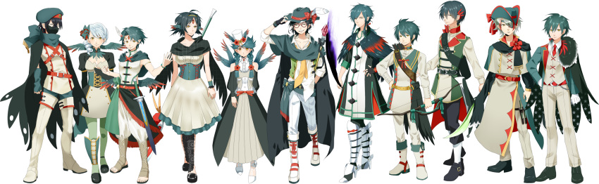 4girls 6+boys arm_at_side belt black_cape black_footwear black_wings boots bow bow_(weapon) bracelet breasts cape cleavage clenched_hand creatures_(company) decidueye drill_hair flower forehead_jewel game_freak gen_7_pokemon glasses gloves green_legwear grey_skirt hand_on_headwear hand_on_hip hat hat_bow highres jewelry knife leg_strap mask medium_breasts multiple_boys multiple_girls muwakahiro nintendo personification pokemon quiver red_bow sheath sheathed shoes skirt small_breasts standing star star_print sword tricorne wand weapon white_footwear white_gloves white_hair white_hat white_skirt wings wristband