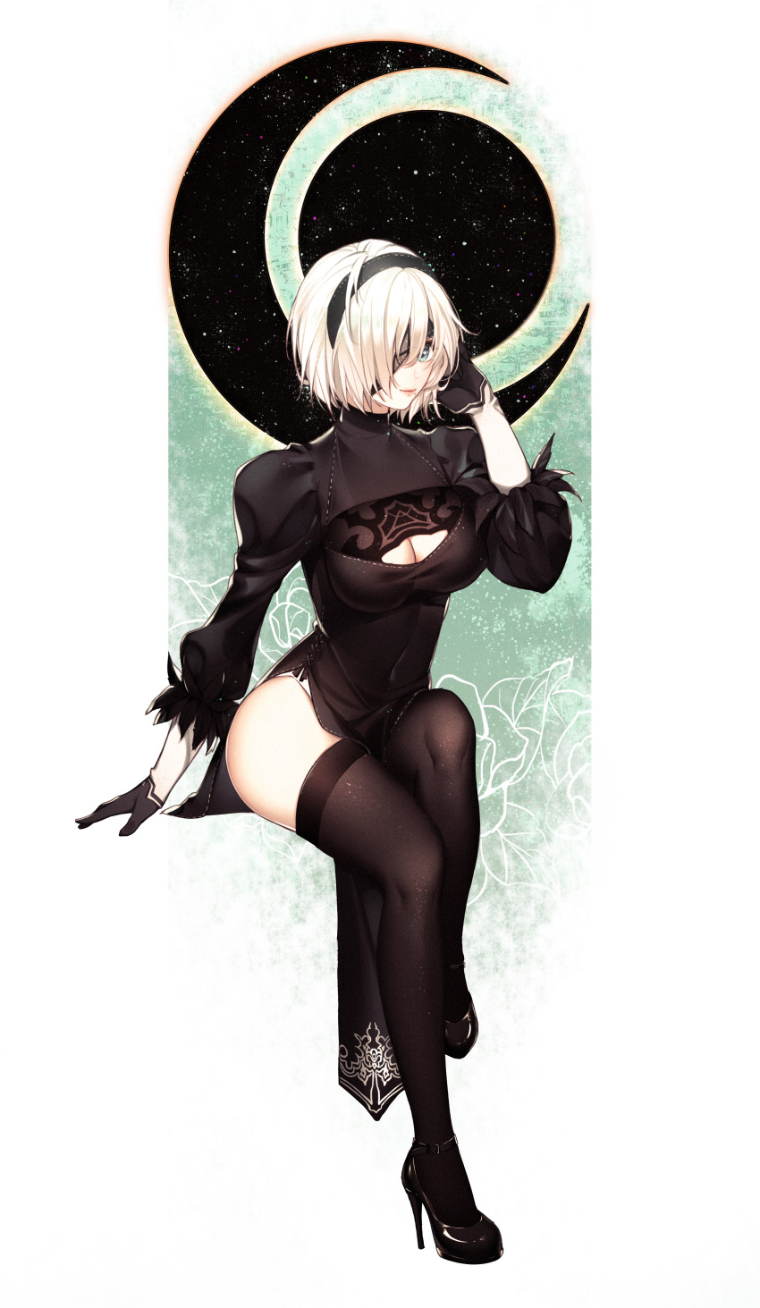 1girl absurdres ass bangs black_dress black_legwear breasts cleavage dress eyepatch feather_trim full_body hairband hand_up high_heels highres koi_han lips long_sleeves looking_at_viewer mole mole_under_mouth nier_(series) nier_automata pale_skin puffy_sleeves pumps shoes short_hair side_slit simple_background sitting smile solo stiletto_heels white_hair yorha_no._2_type_b