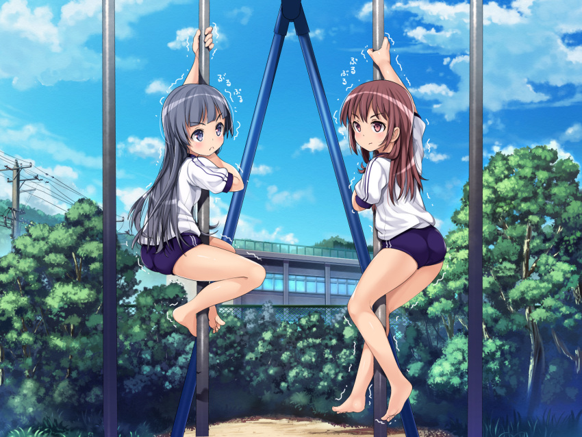 2girls :&lt; ass barefoot black_hair blue_eyes blue_shorts brown_eyes brown_hair building buruma climbing climbing_pole clouds feet gym_uniform highres hikari_club legs long_hair multiple_girls original outdoors pole shirt shorts sky toes tree trembling white_shirt