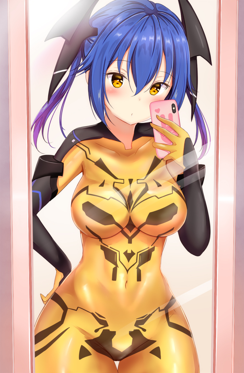 1girl arm_up bangs blue_hair blush bodysuit cellphone collarbone commentary_request covered_navel cowboy_shot groin hair_between_eyes headgear highres mirror multicolored_hair phantasy_star phantasy_star_online_2 phone purple_hair self_shot smartphone solo standing taking_picture twintails two-tone_hair yellow_bodysuit yellow_eyes yuano zelsius