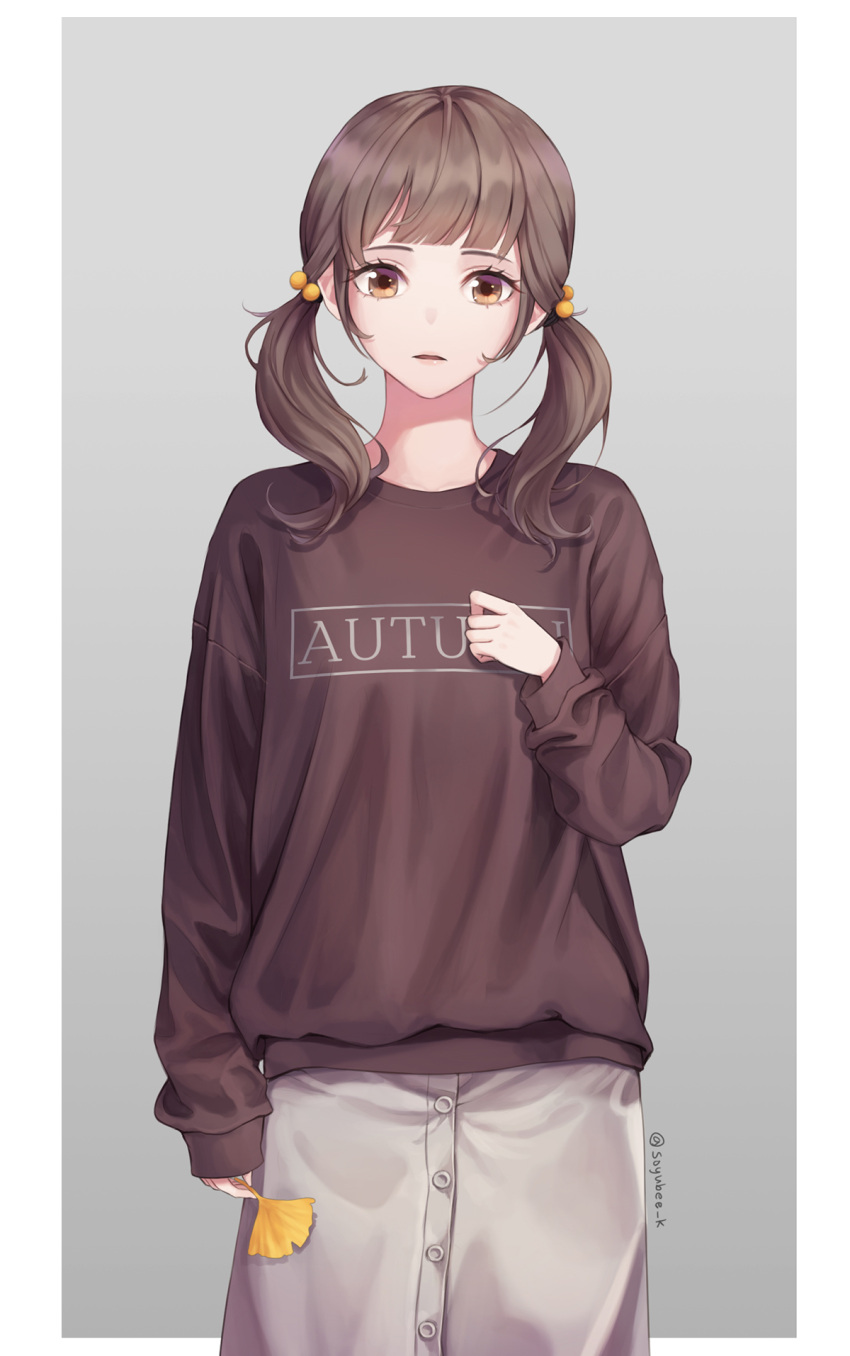 1girl :| black_shirt brown_eyes brown_hair closed_mouth grey_background hair_bobbles hair_ornament highres leaf long_sleeves looking_at_viewer medium_hair original shirt short_twintails solo soyubee twintails twitter_username