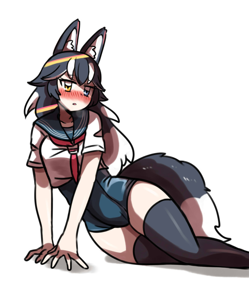 1girl absurdres alternate_costume animal_ears blue_eyes blush commentary_request crop_top embarrassed eyebrows_visible_through_hair grey_hair grey_wolf_(kemono_friends) heterochromia highres kemono_friends long_hair lying mira_shamaliyy multicolored_hair neckerchief nose_blush on_side sailor_collar school_swimsuit school_uniform serafuku short_sleeves solo swimsuit tail thigh-highs white_hair wolf_ears wolf_tail yellow_eyes zettai_ryouiki