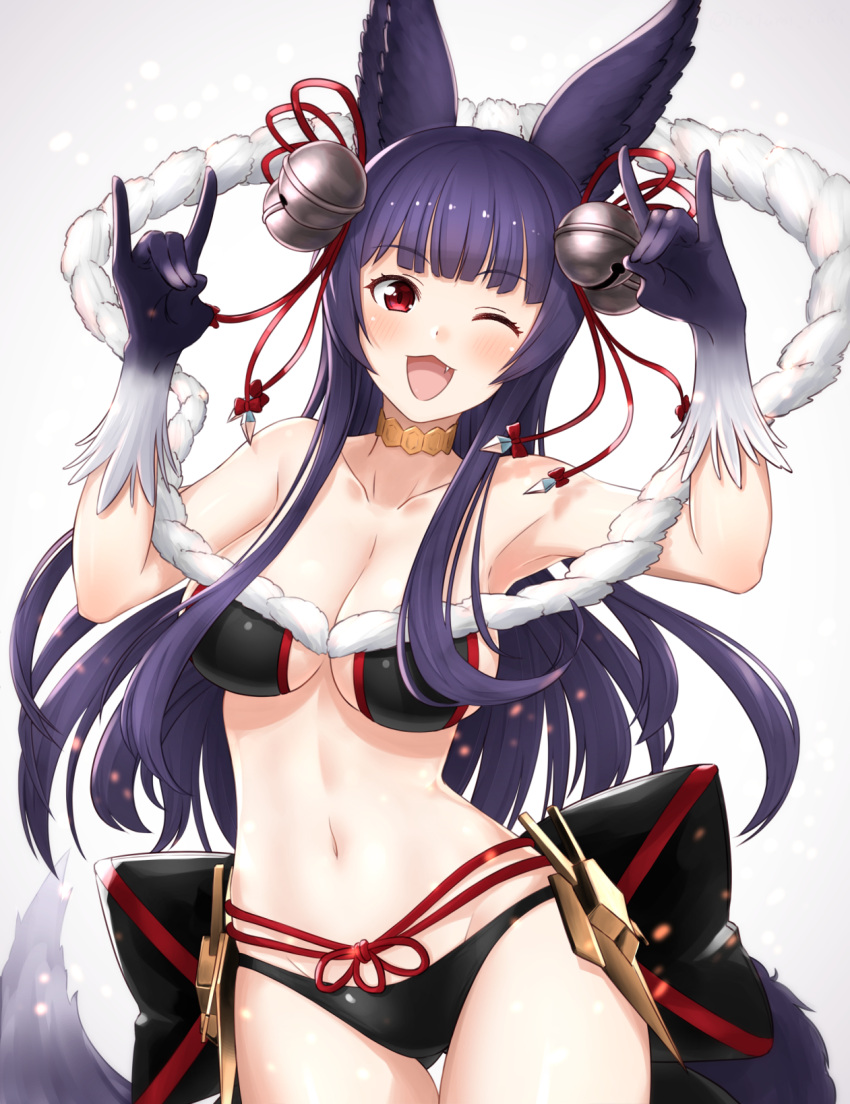 1girl ;d animal_ears bangs bell blunt_bangs blush breasts choker erune eyebrows_visible_through_hair fang female fox_ears fox_shadow_puppet fox_tail fur_trim futami_(mg42fw190d) gradient gradient_background granblue_fantasy grey_background hair_bell hair_ornament highres jingle_bell long_hair looking_at_viewer medium_breasts one_eye_closed open_mouth purple_hair red_eyes revealing_clothes smile solo tail yellow_choker yuel_(granblue_fantasy)
