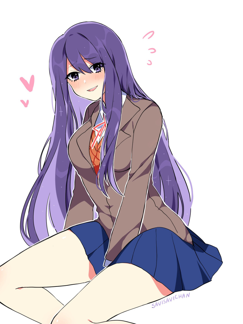 1girl :d artist_name between_legs blue_skirt blush commentary doki_doki_literature_club english_commentary eyebrows_visible_through_hair eyes_visible_through_hair hair_between_eyes hand_between_legs heart highres jacket long_hair looking_at_viewer no_hairclip open_mouth outline pleated_skirt purple_hair savi_(byakushimc) school_uniform simple_background sitting skirt smile solo very_long_hair violet_eyes white_background white_outline yuri_(doki_doki_literature_club)