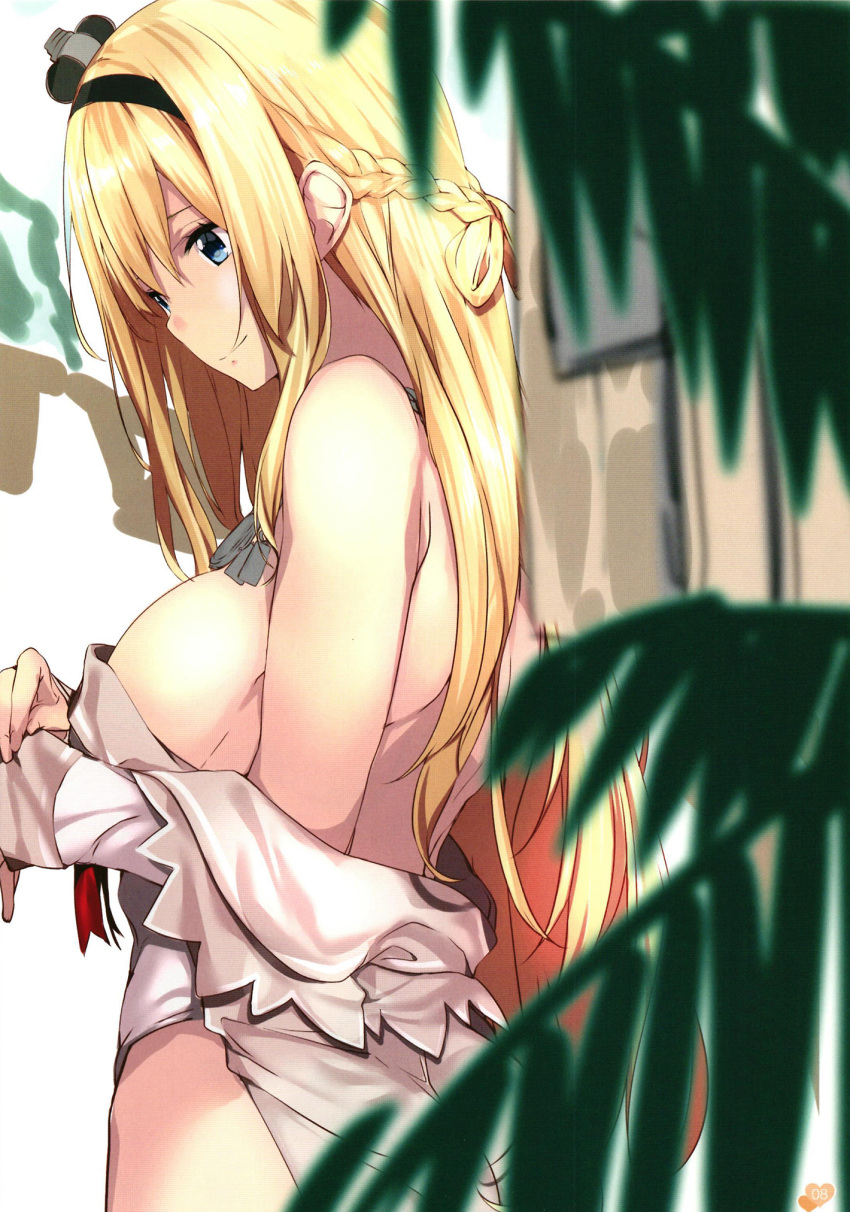 1girl ass blonde_hair blue_eyes braid breasts corset crown dress french_braid gintarou_(kurousagi108) hairband highres jewelry kantai_collection long_hair long_sleeves mini_crown necklace off-shoulder_dress off_shoulder red_ribbon ribbon undressing warspite_(kantai_collection) white_dress